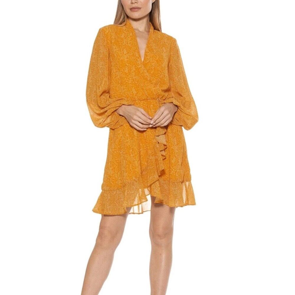 ALEXIA ADMOR KATHLYN DRESS Mustard Yellow Paisley Faux Wrap Long Sleeve 6